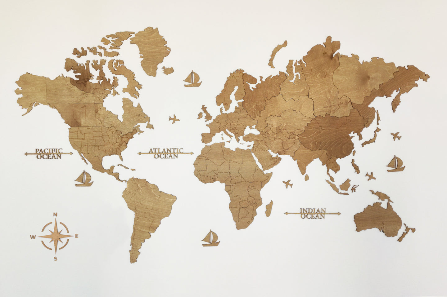 3D Wooden 1 Layer, wall map - 190x110 / Walnut Color / Blank